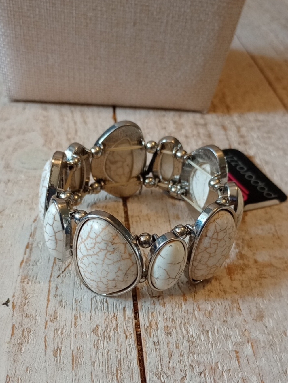 paparazzi White Crackle Stone Stretch Bracelet with Silver-Tone Accents